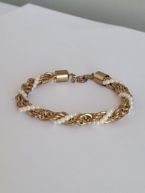 Vintage Gold Tone Luxury Costume Braided Twist Pearl Boho Beaded Chain Bracelet